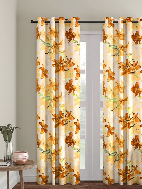 Cortina Yellow & Brown Single Floral Printed Door Curtain