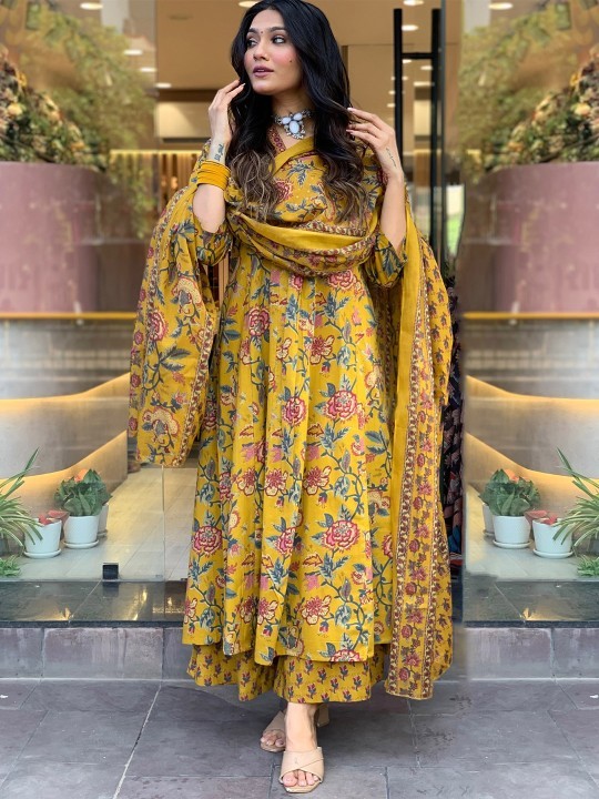 GoSriKi Women Floral Printed V-Neck Anarkali Kurta with Palazzos & With Dupatta